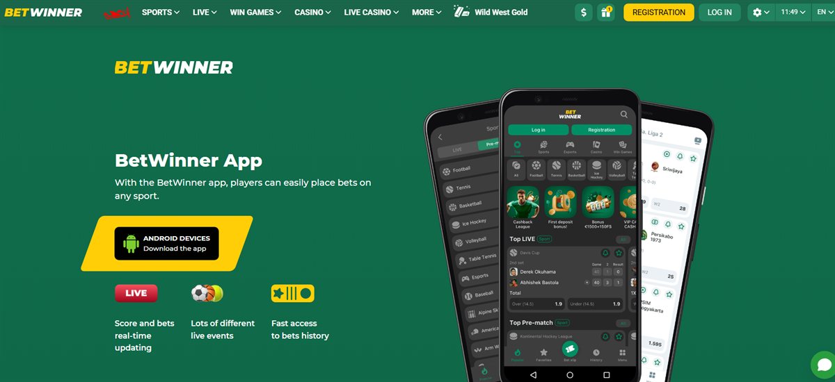 BetWinner App page on betwinner.com.gh with an Android devices Download the app button and feature highlights: score and bets real-time updating, lots of different live events, fast access to bets history