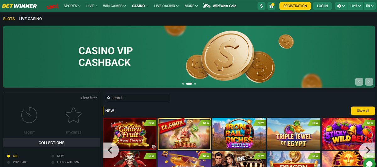 BetWinner Ghana casino lobby with Slots and Live Casino tabs, a Casino VIP Cashback banner, a search field, Recent and Favorites, collections such as All, New, Popular and Lucky Autumn, and a row of new slot games