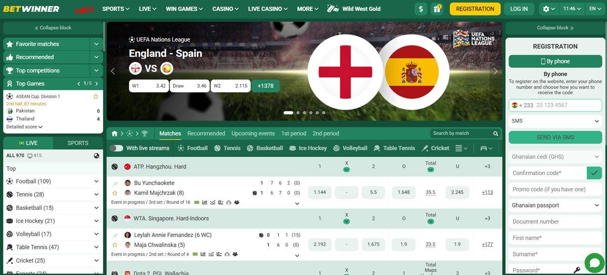 BetWinner Ghana home page with menu items Sports, Live, Win Games, Casino, Live Casino and More, a UEFA Nations League England v Spain banner with odds, a live events list, sport filters and a registration panel with a +233 phone number and Ghanaian cedi