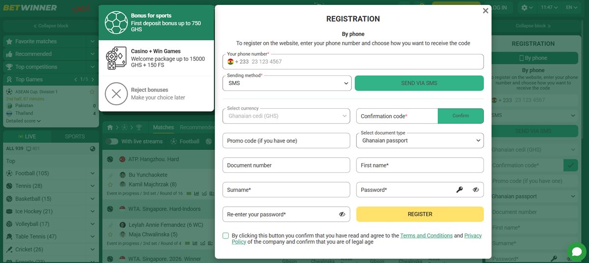 BetWinner Ghana registration form by phone: phone number with +233, SMS sending method, Ghanaian cedi currency, confirmation code, optional promo code, document type Ghanaian passport, document number, first name, surname, password and re-enter password fields, and a Register button