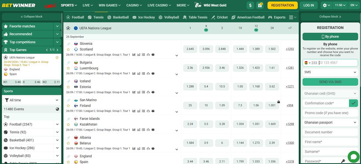 BetWinner Ghana pre-match sportsbook: sport tabs from football to esports, UEFA Nations League matches on 26 September with 1, X, 2, 1X, 12 and 2X odds and links to more than a thousand extra markets per match, and a sidebar showing 11480 events