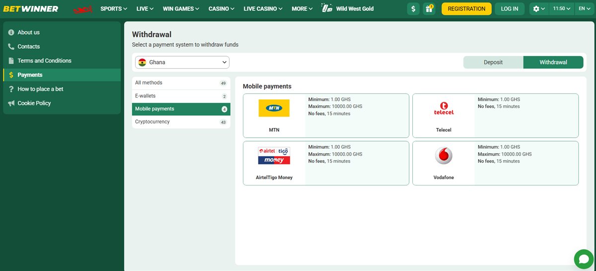 BetWinner Ghana payments page, Withdrawal tab with Ghana selected, Mobile payments: MTN, Telecel, AirtelTigo Money and Vodafone, each with a 1.00 GHS minimum, no fees and 15 minutes